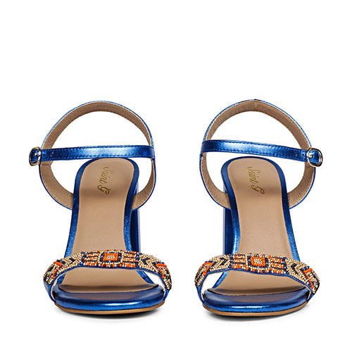 Saint Sierra Hand Embroidered Navy Metallic Leather Block Heels