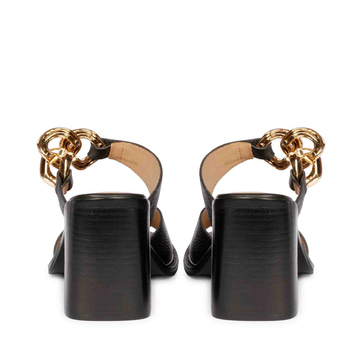 Saint Madrid Gold Chain Embellished Black Leather Block Heels