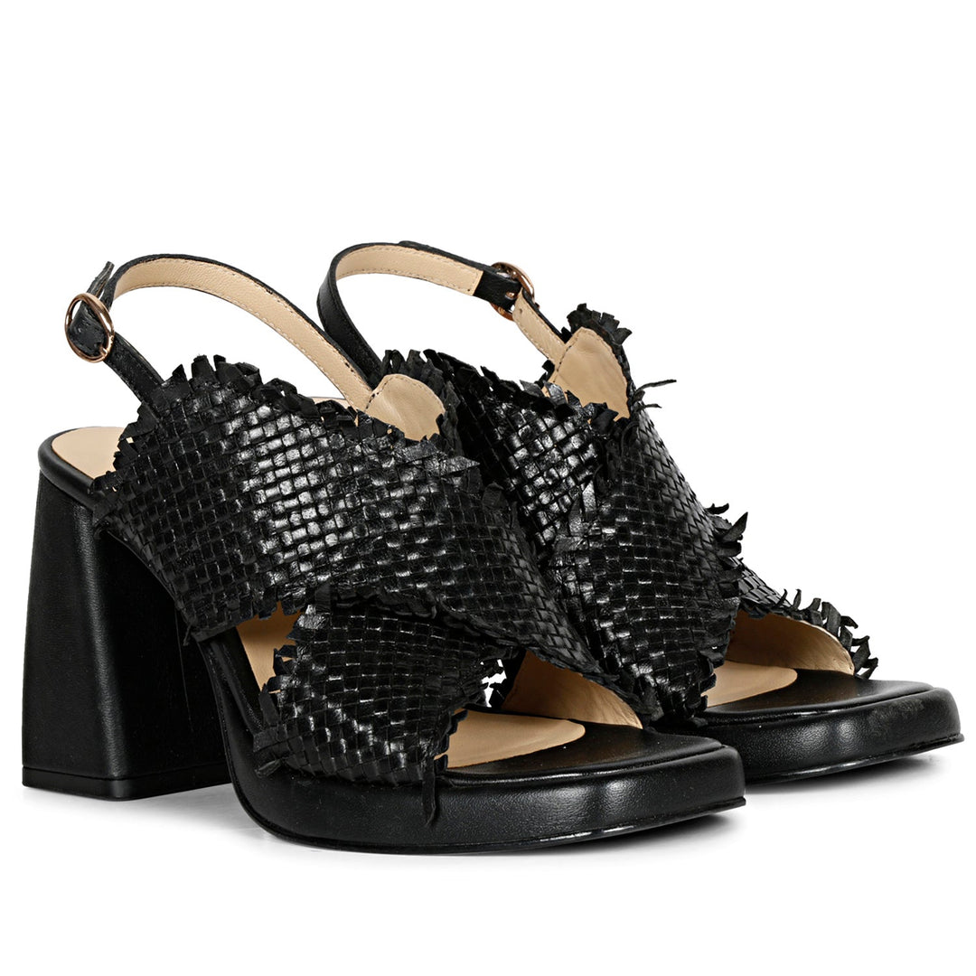 Saint Shelby Black Cross-Over Woven Leather Block Heels.
