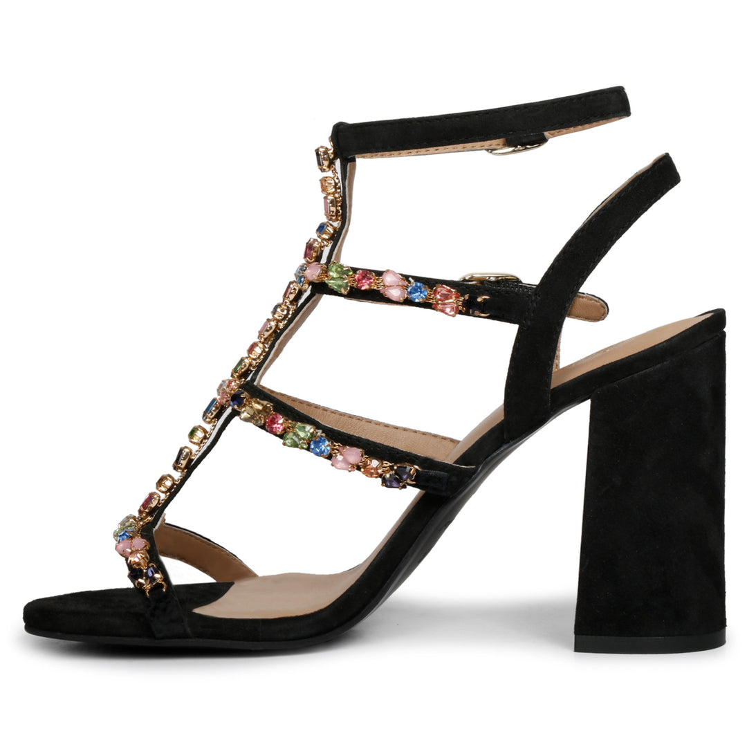 Embellished Black Leather Cage Block Heels