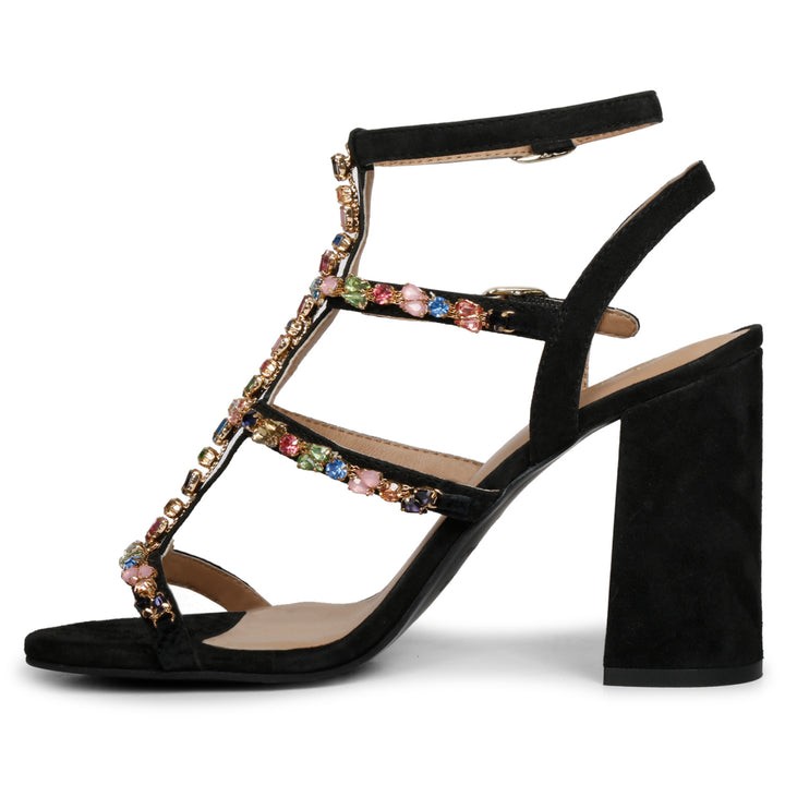 Embellished Black Leather Cage Block Heels