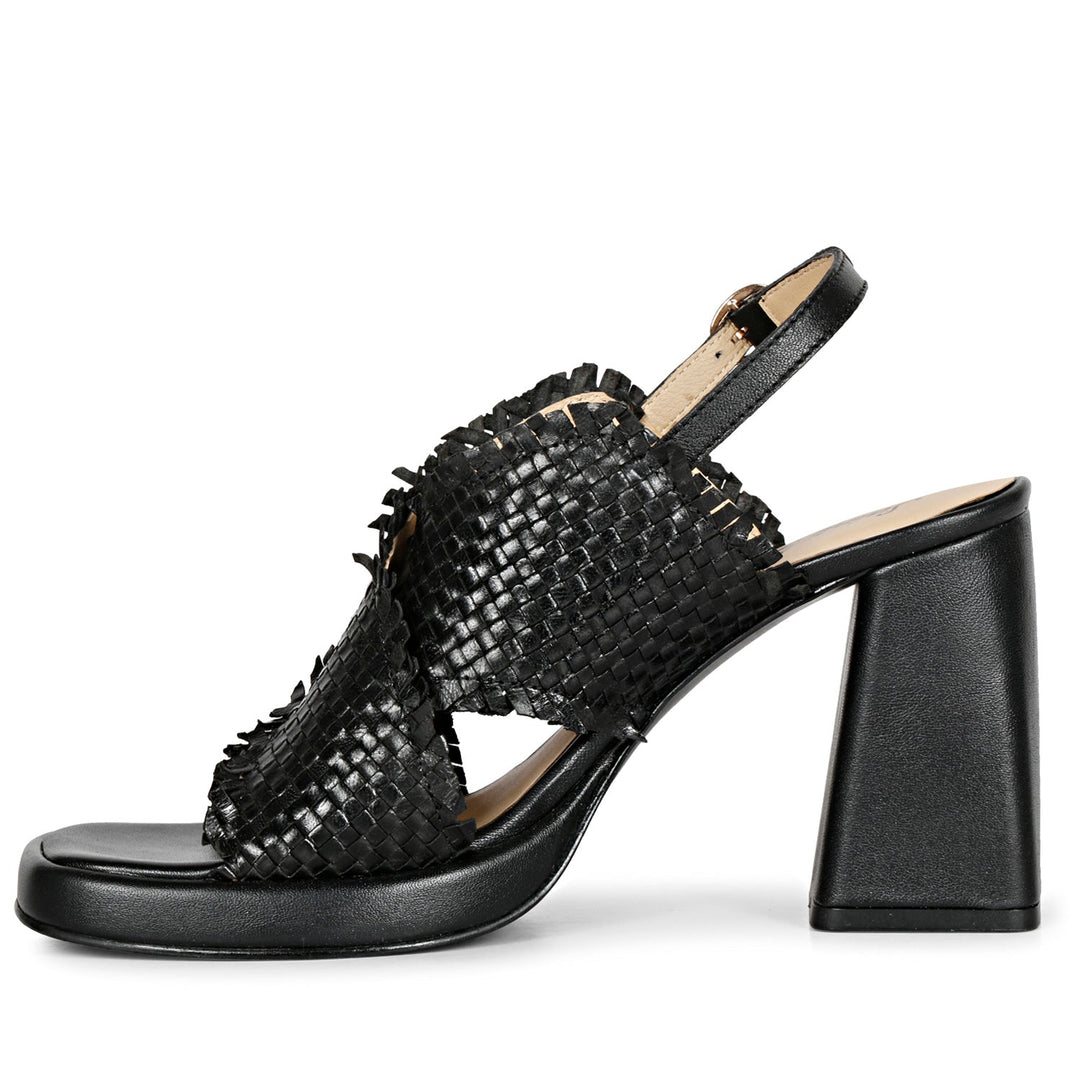 Saint Shelby Black Cross-Over Woven Leather Block Heels.