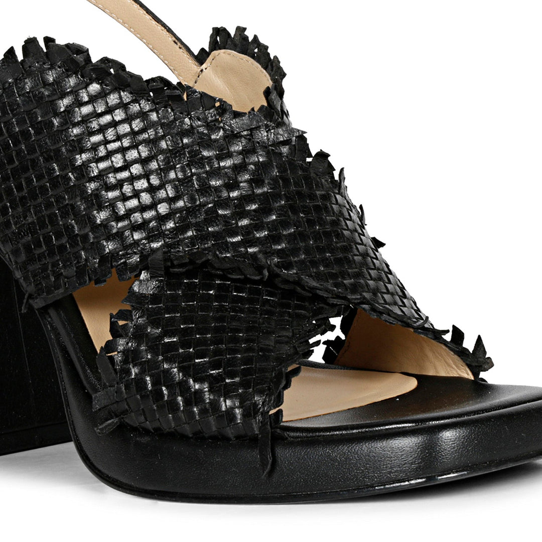 Saint Shelby Black Cross-Over Woven Leather Block Heels.