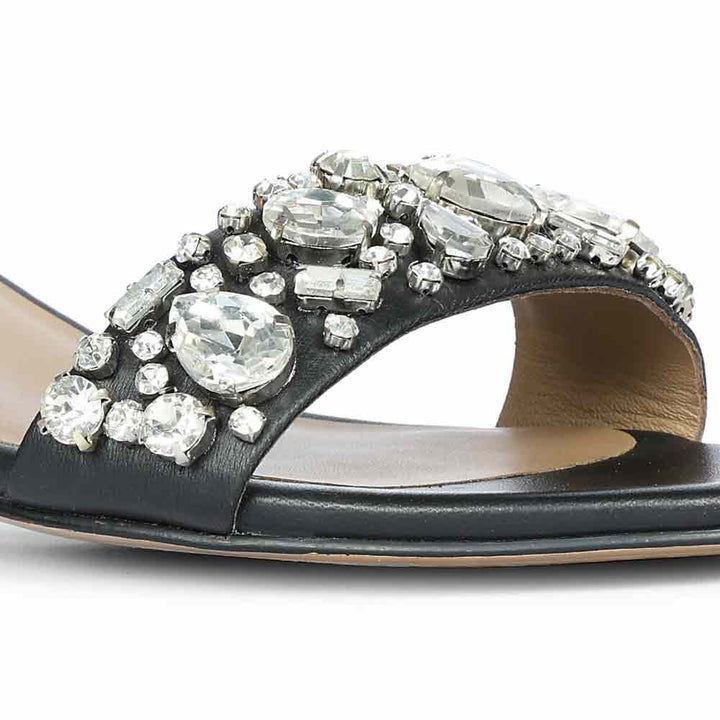 Saint Ella Stones Embellished Black Leather Block Heels