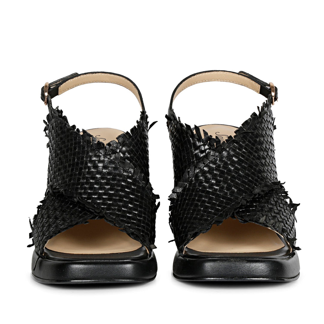 Saint Shelby Black Cross-Over Woven Leather Block Heels.