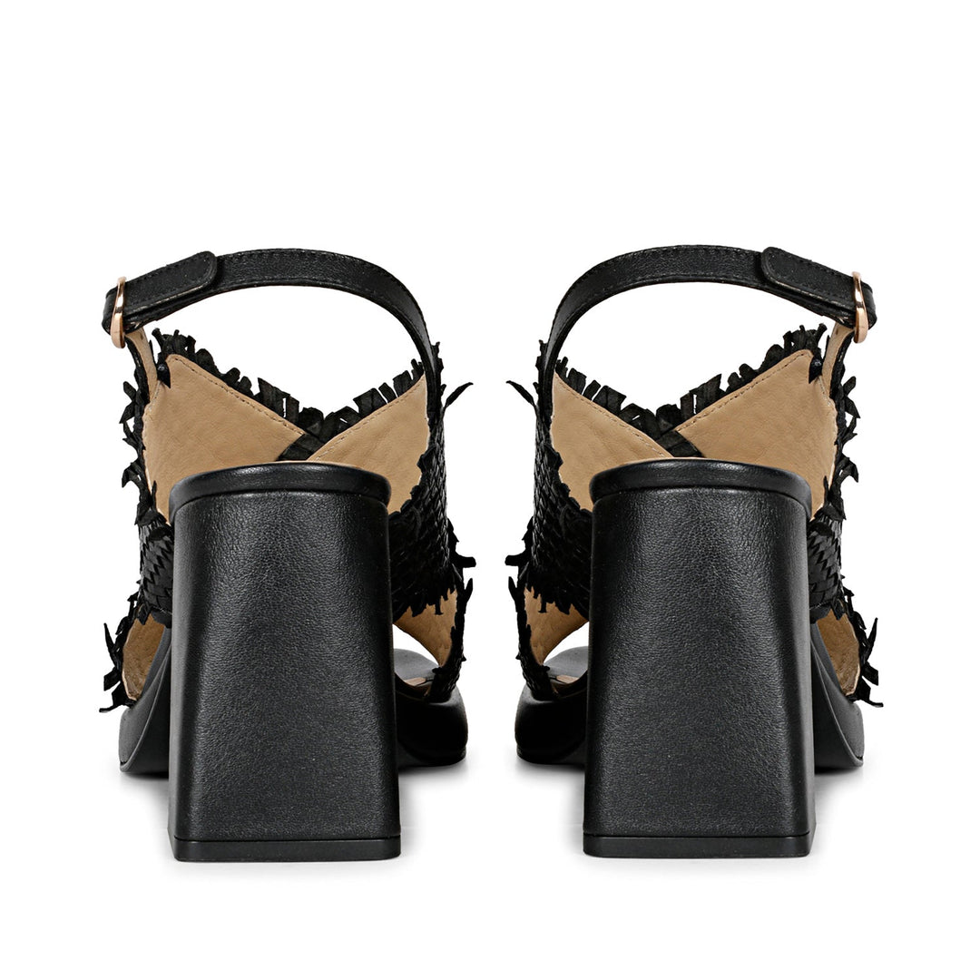 Saint Shelby Black Cross-Over Woven Leather Block Heels.