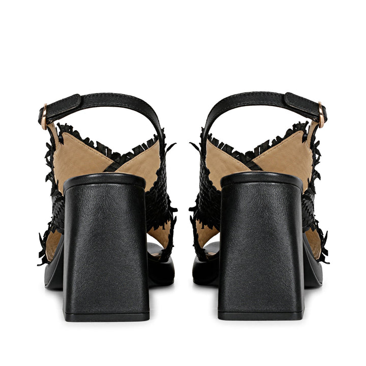 Saint Shelby Black Cross-Over Woven Leather Block Heels.