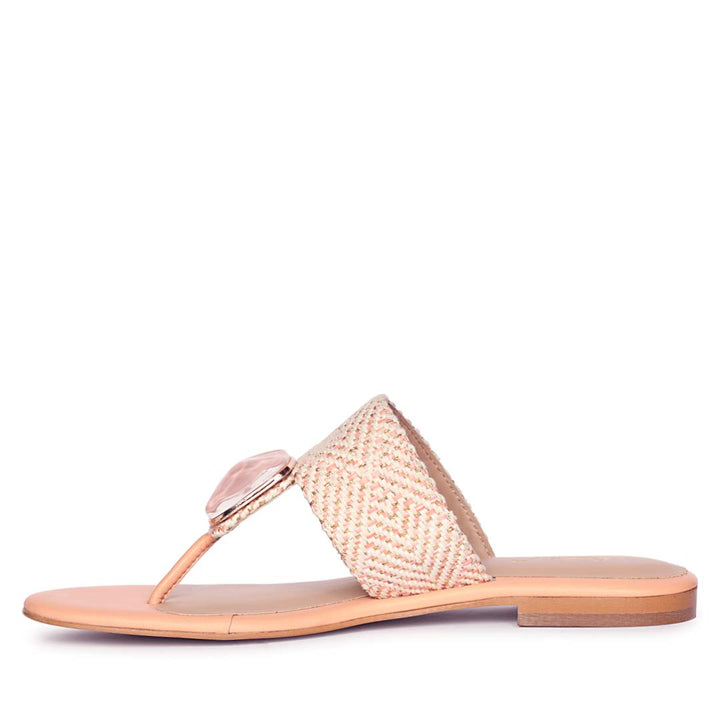 Saint Beau Stone Jeweled Pink Leather-Raffia Flat Sandals