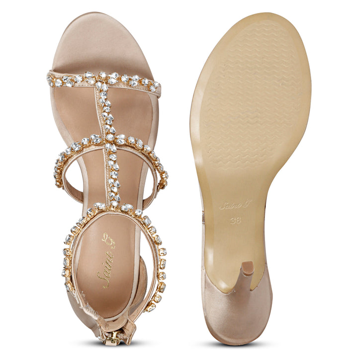 Embellished Nude Strappy Leather Stilettos Heels
