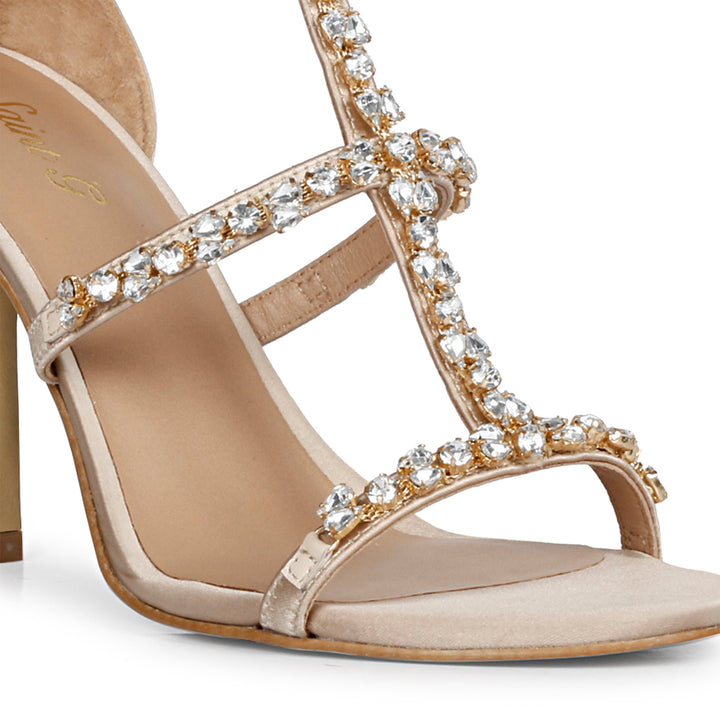 Embellished Nude Strappy Leather Stilettos Heels