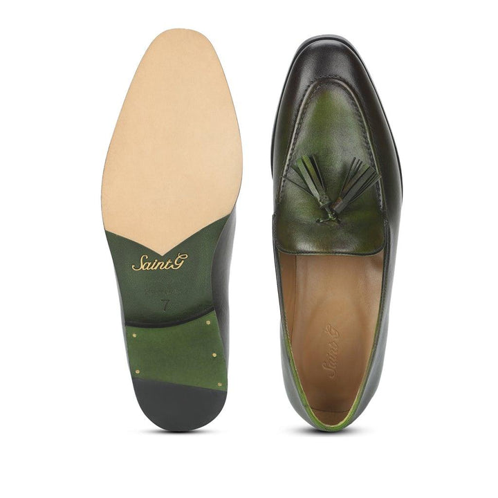 Saint Valentin Olive Leather Men's Tassel Moccasin Shoes - SaintG UK