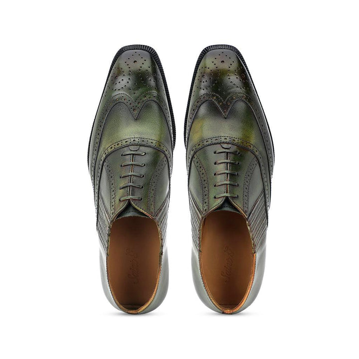 Saint Vincenzo Olive Leather Square Toe Lace Up Décor Shoes - SaintG UK