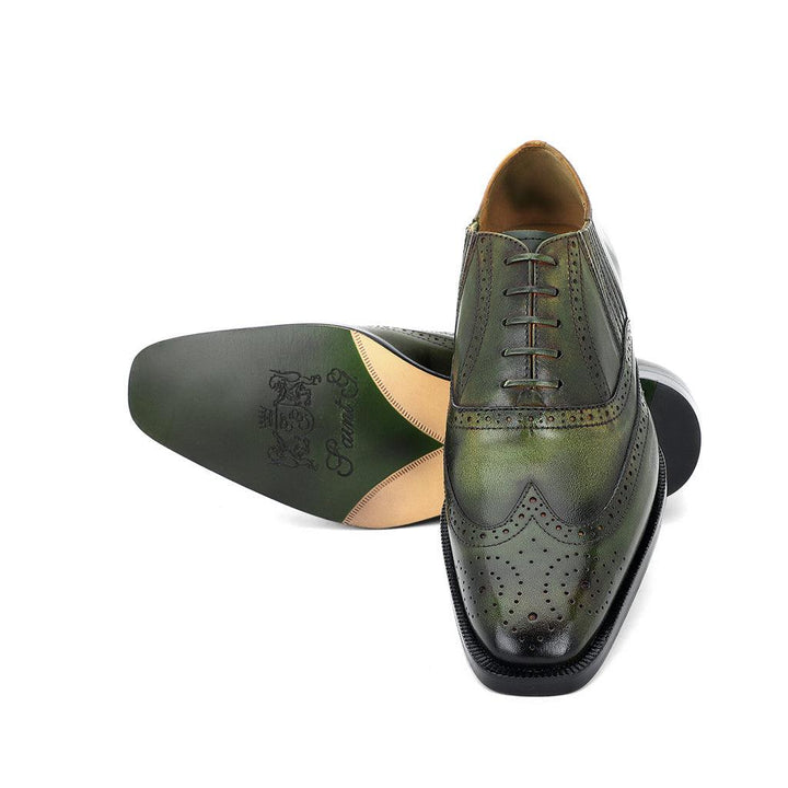 Saint Vincenzo Olive Leather Square Toe Lace Up Décor Shoes - SaintG UK