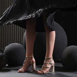 Embellished Gold Metallic Leather Cage Block Heels
