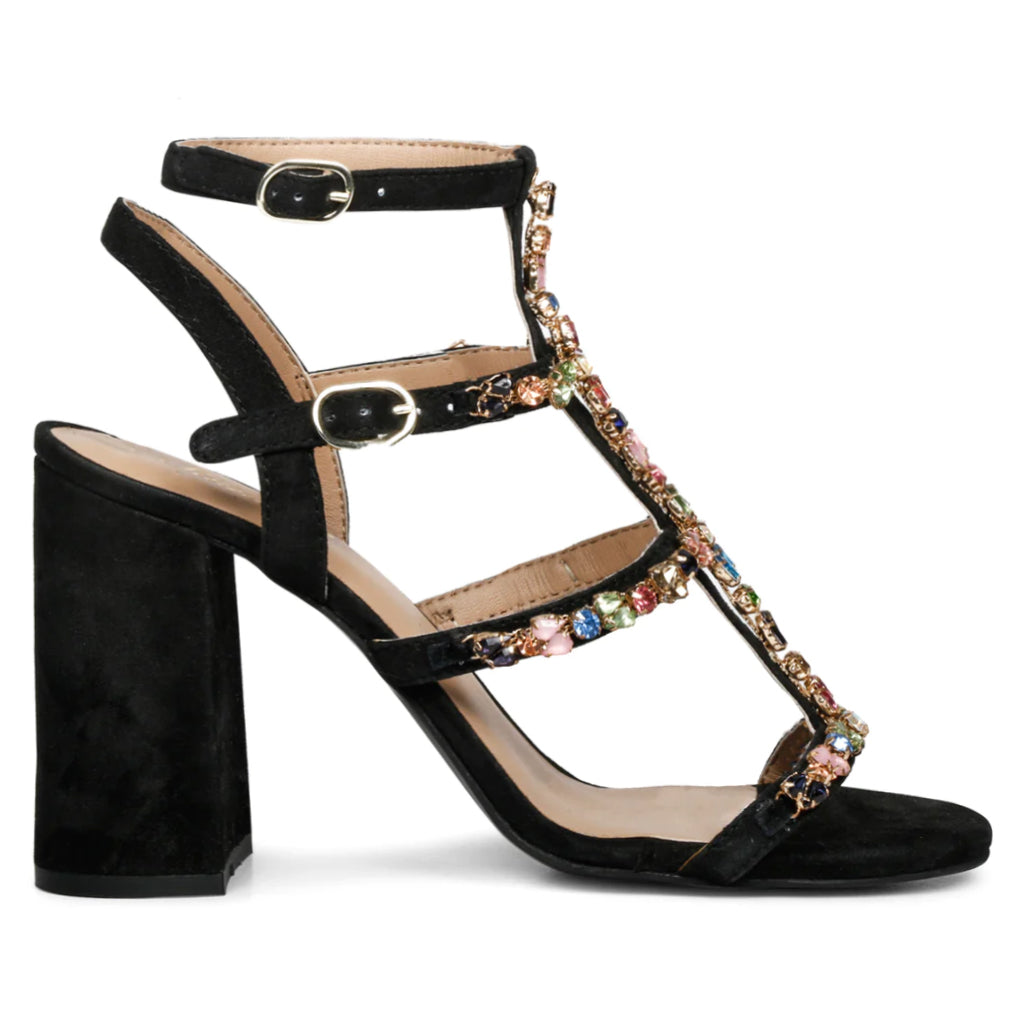 Embellished Black Leather Cage Block Heels