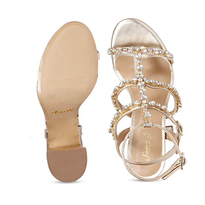 Embellished Gold Metallic Leather Cage Block Heels