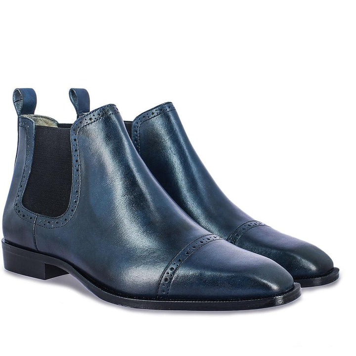 Saint Frederico Navy Leather Brogue Detail Chelsea Boots - SaintG UK