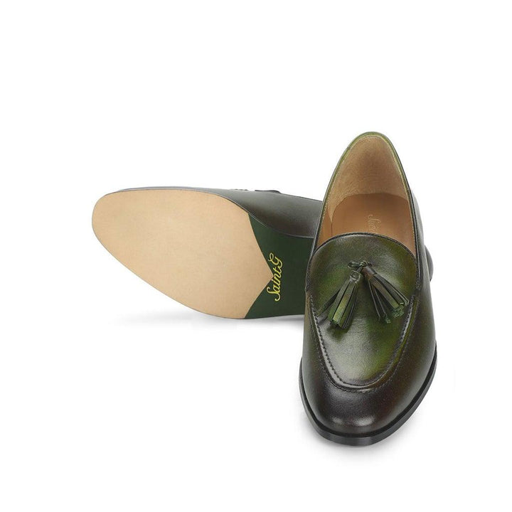 Saint Valentin Olive Leather Men's Tassel Moccasin Shoes - SaintG UK