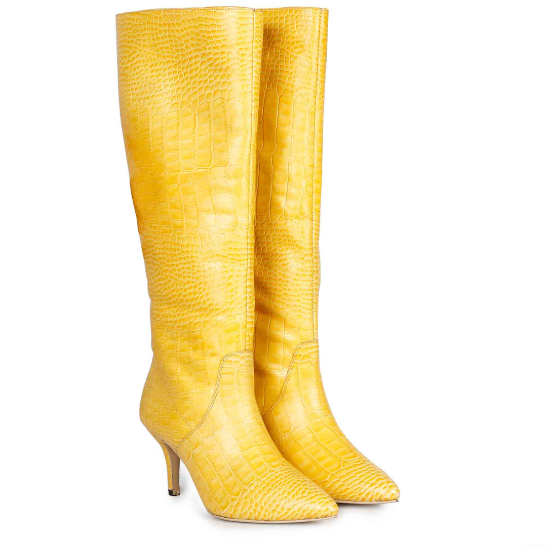 Saint Adella Croco Embossed Yellow Leather Long Boots