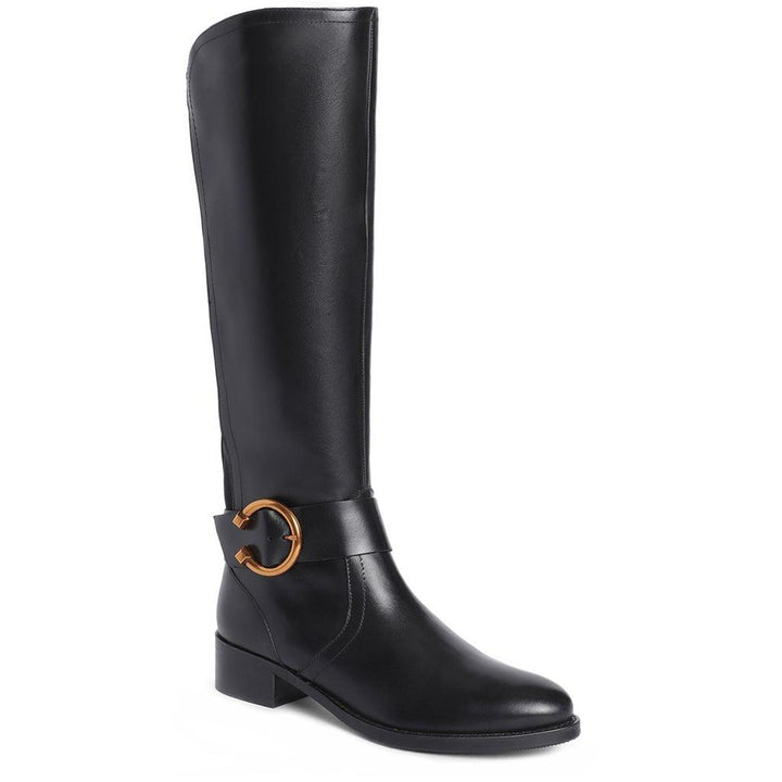 Saint Marisa Gold Buckle Decorative Black Leather Long Boots - SaintG UK