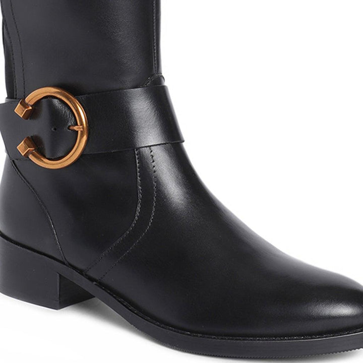 Saint Marisa Gold Buckle Decorative Black Leather Long Boots - SaintG UK