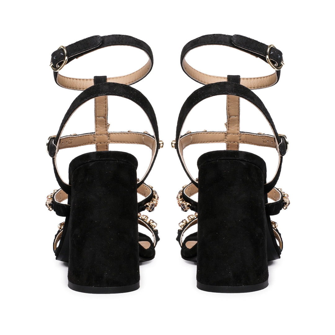 Embellished Black Leather Cage Block Heels