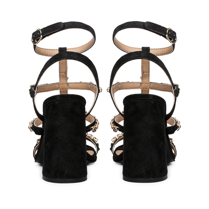 Embellished Black Leather Cage Block Heels