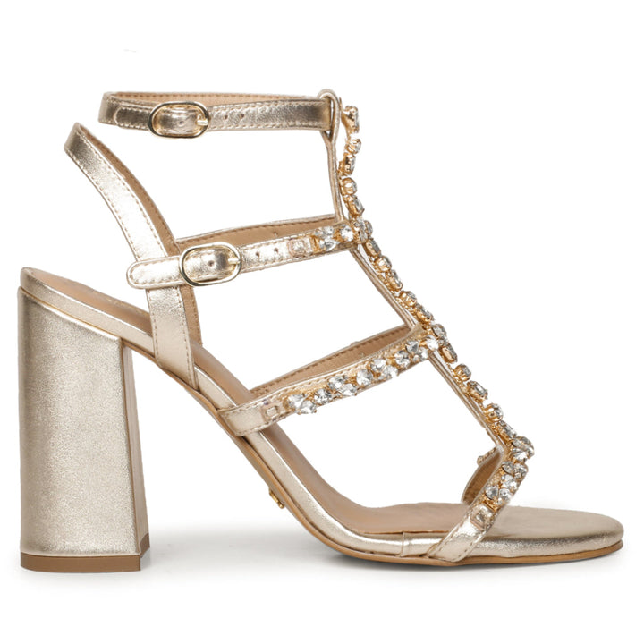 Embellished Gold Metallic Leather Cage Block Heels