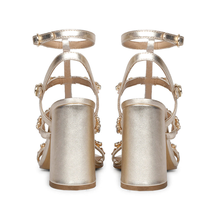 Embellished Gold Metallic Leather Cage Block Heels