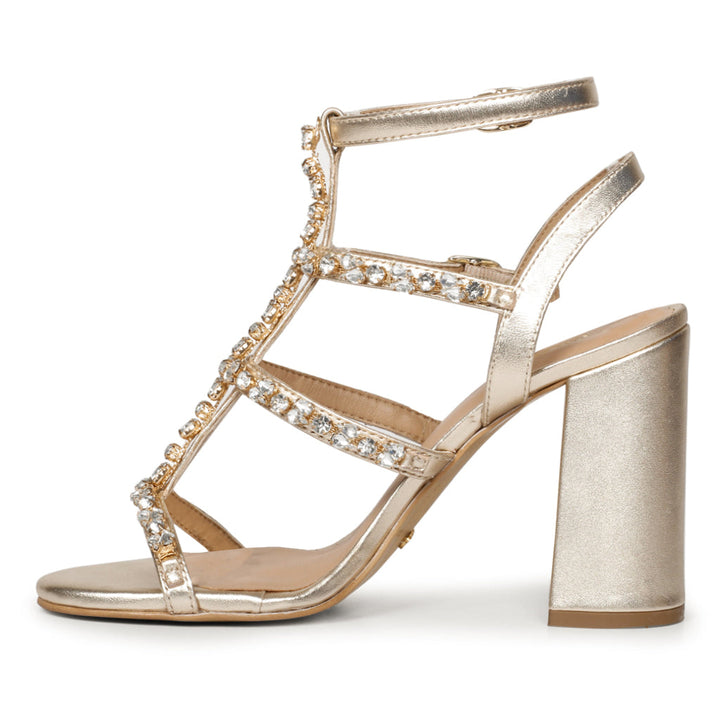 Embellished Gold Metallic Leather Cage Block Heels
