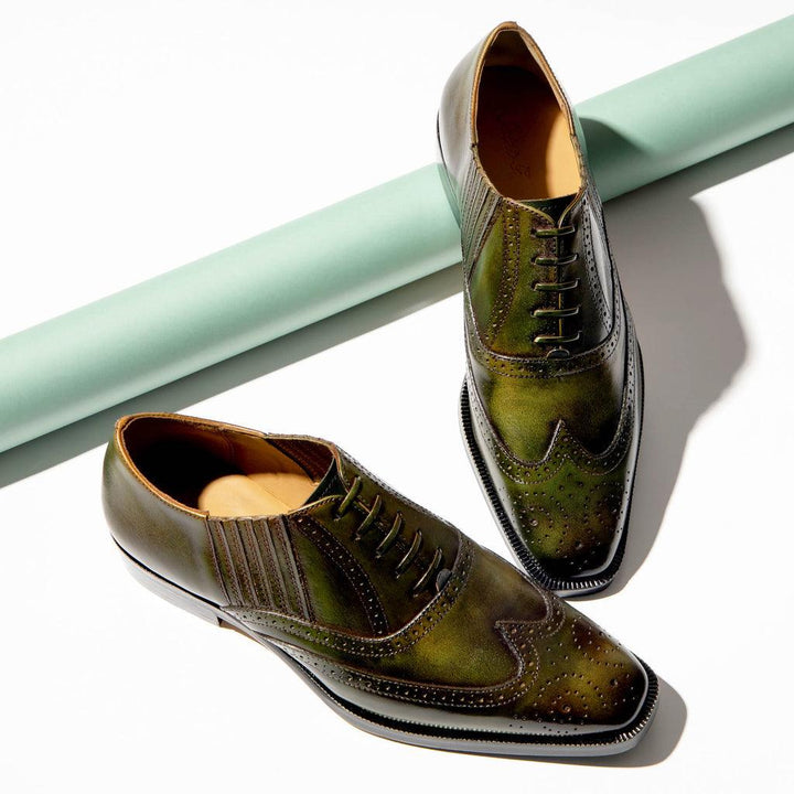 Saint Vincenzo Olive Leather Square Toe Lace Up Décor Shoes - SaintG UK