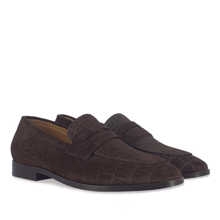 Saint Alessandro Brown Suede Croco Print Leather Loafers - SaintG UK