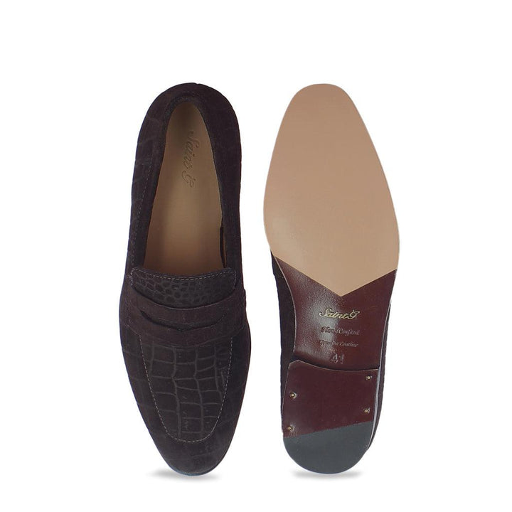 Saint Alessandro Brown Suede Croco Print Leather Loafers - SaintG UK