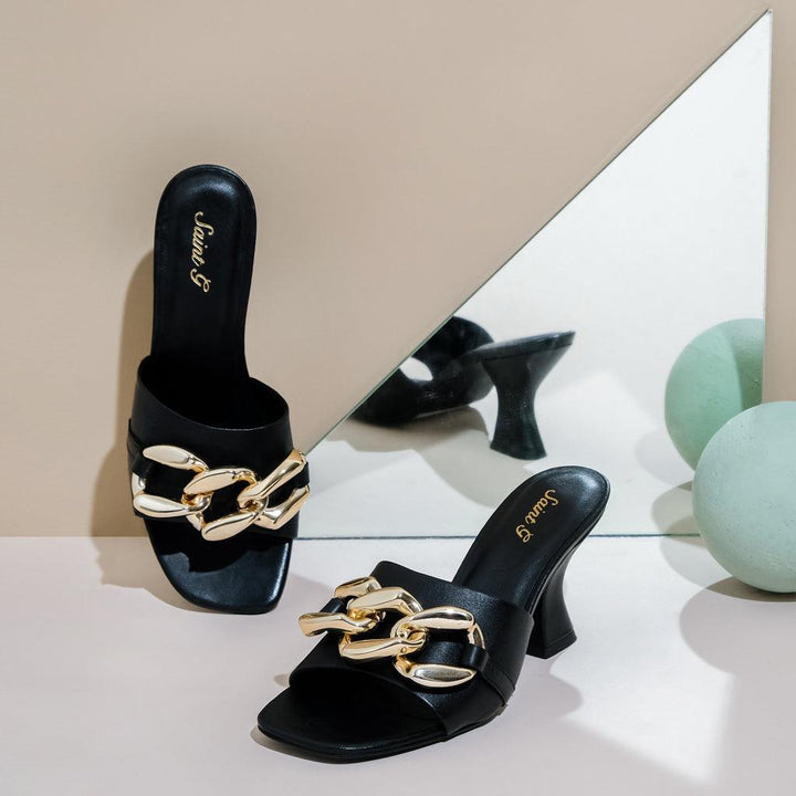 Saint Melissa Black Leather Metal Chain Embellished Heels - SaintG UK