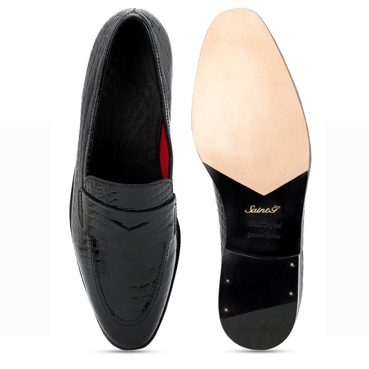 Saint Lucas Croco Embossed Black Leather Moccasins - SaintG UK