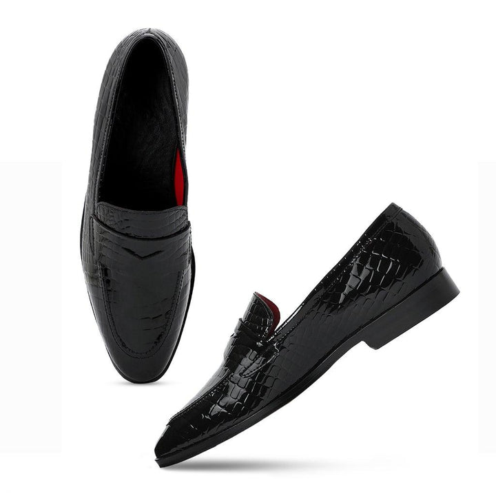 Saint Lucas Croco Embossed Black Leather Moccasins - SaintG UK