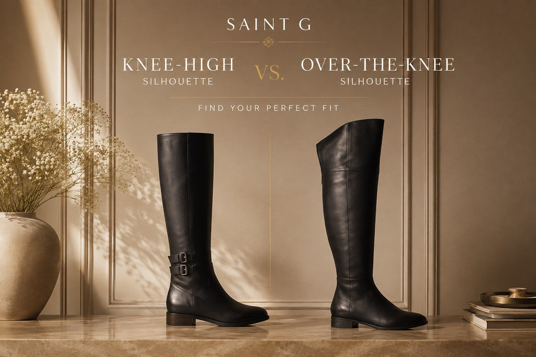 Black leather knee high boots compared with over the knee boots showing shaft height difference, UK