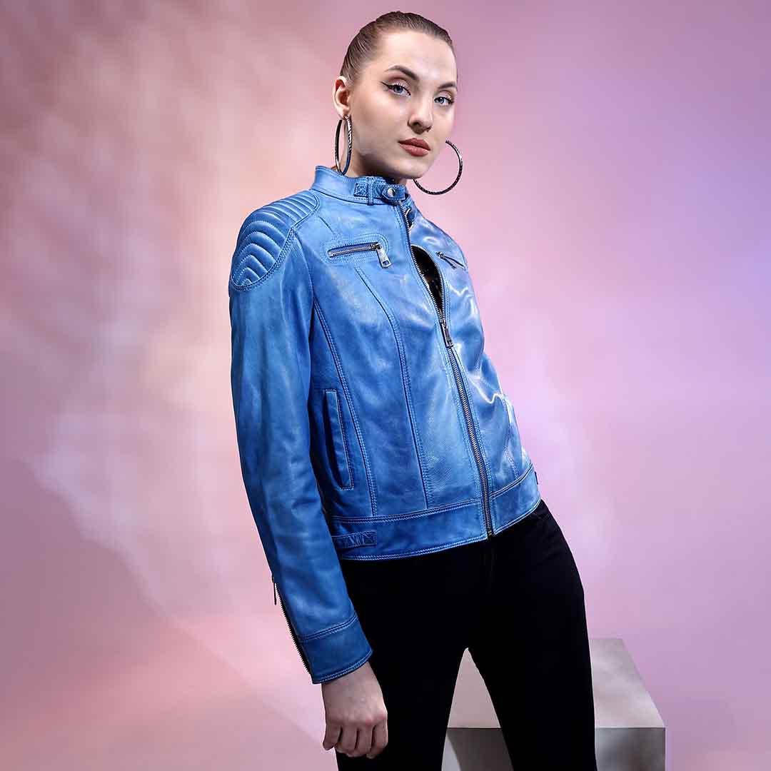 Saint Veronique Blue Leather Zip-Up Women Cafe Racer Jackets