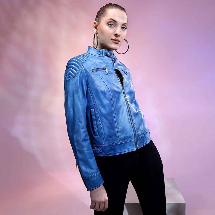 Saint Veronique Blue Leather Zip-Up Women Cafe Racer Jackets