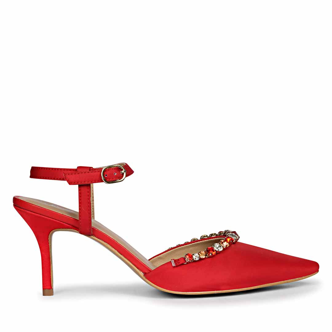 Saint Leila Multi Stone Embellished Red Nylon Fabric Pumps