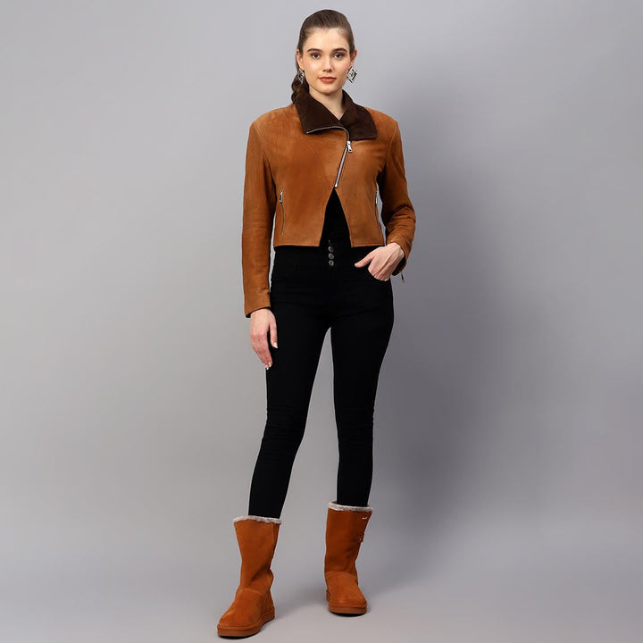 Saint Rebecca Women Light Brown Leather Spread Collar Jackets