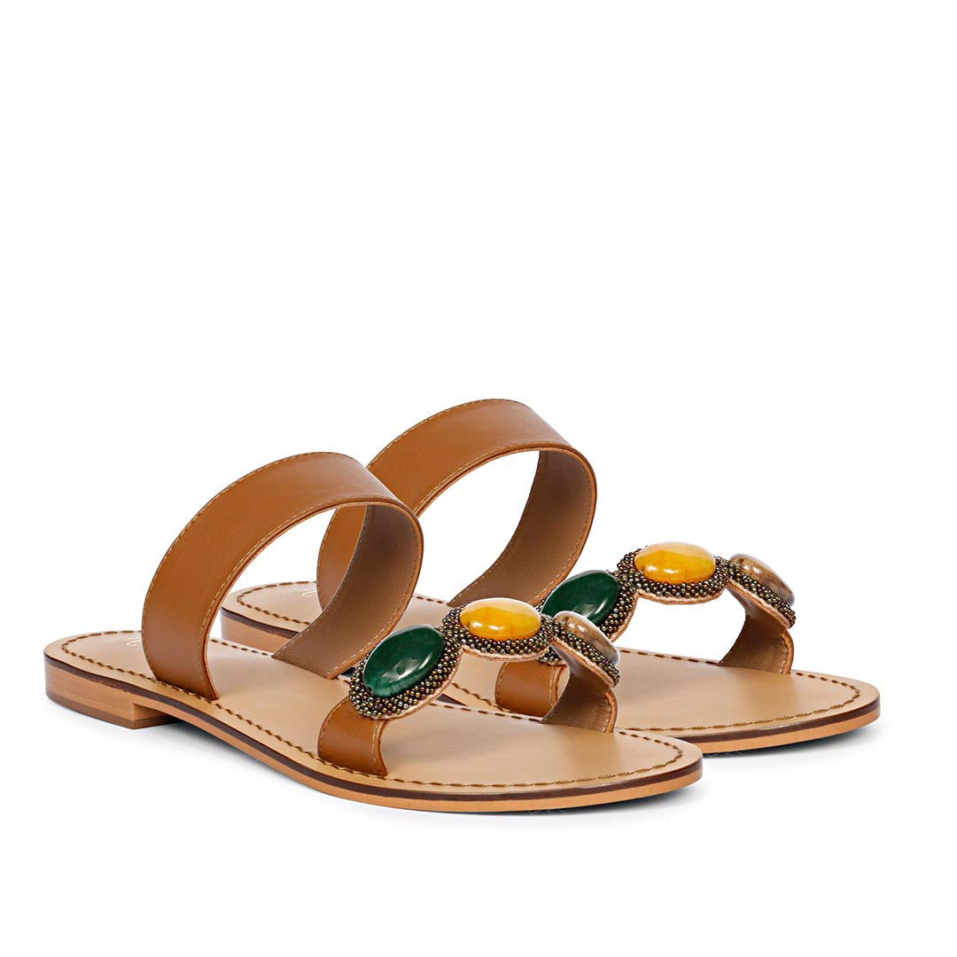 Saint Eva Multi Stone Adorned Tan Leather Flats