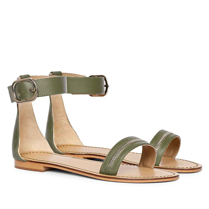 Saint Donelle Zip Decor Olive Leather Sandals