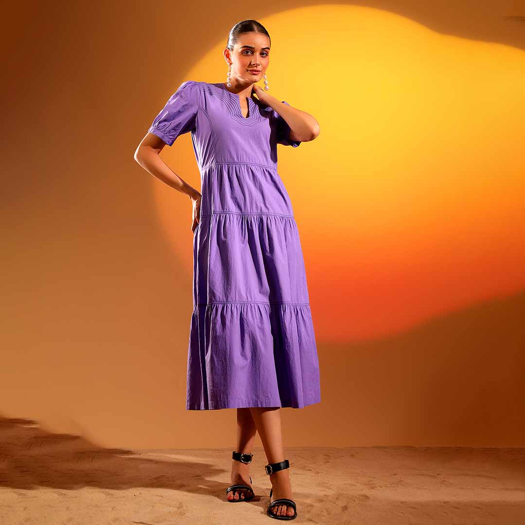 Saint Solid Iris Womens Cotton Midi Dress Purple / S