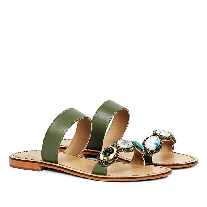 Saint Eva Multi Stone Adorned Olive Leather Flats