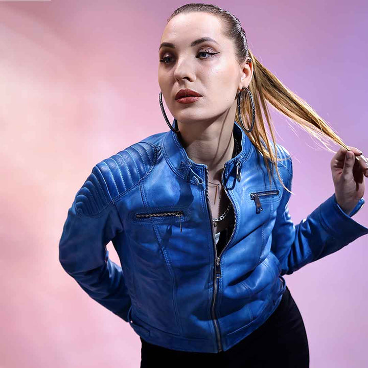 Saint Veronique Blue Leather Zip-Up Women Cafe Racer Jackets