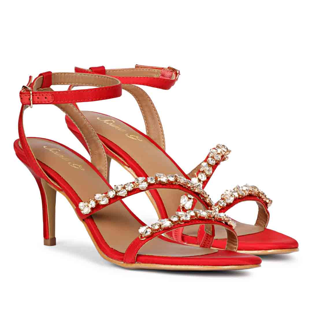 Saint Isla Stone embellished Red Leather Strappy Stilettos