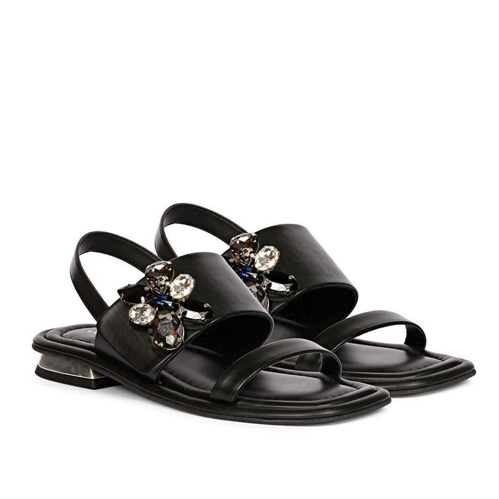 Saint Carona Multi Stone Butterfly Trim Black Leather Sandals