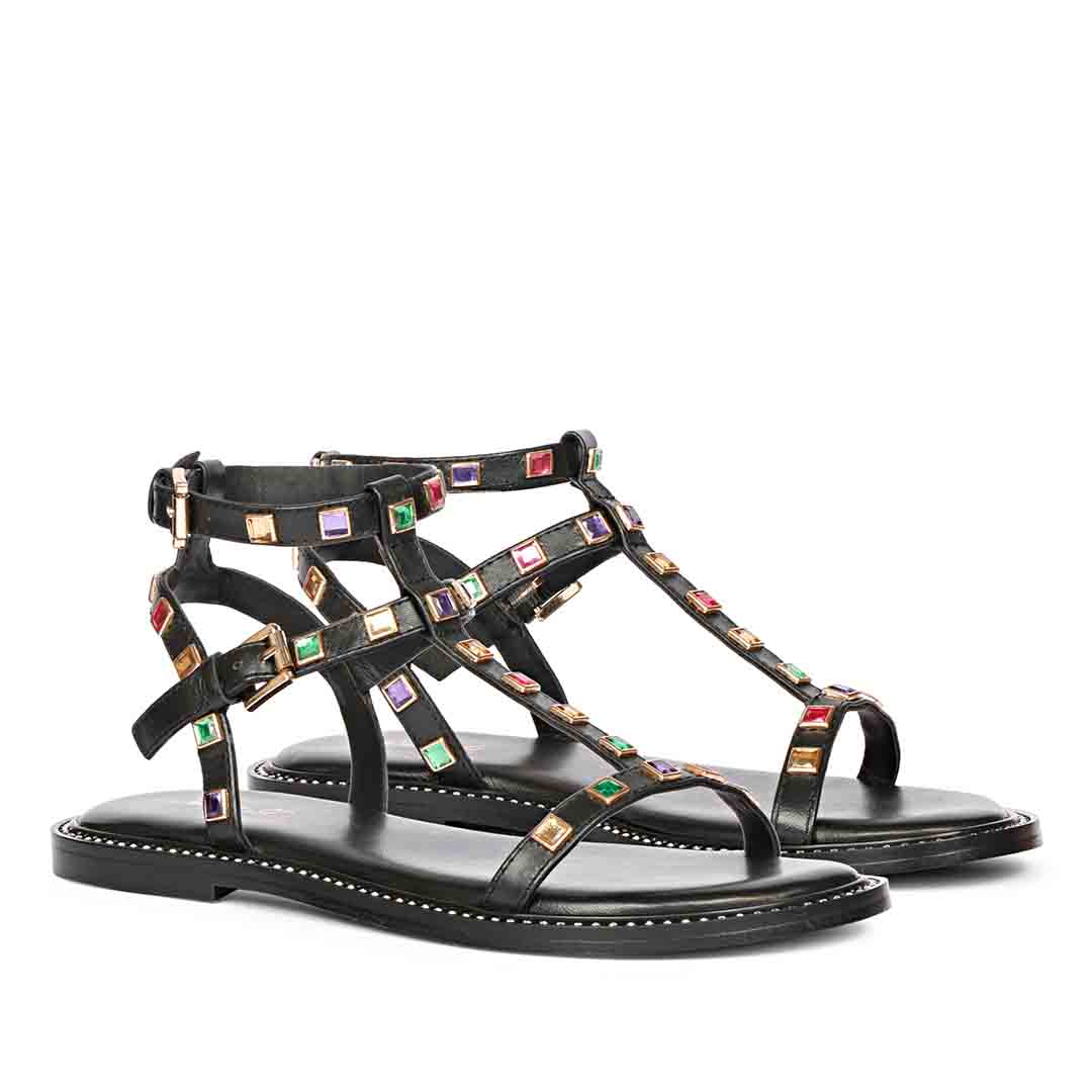 Saint Scarlett Black Leather Flat Sandal.