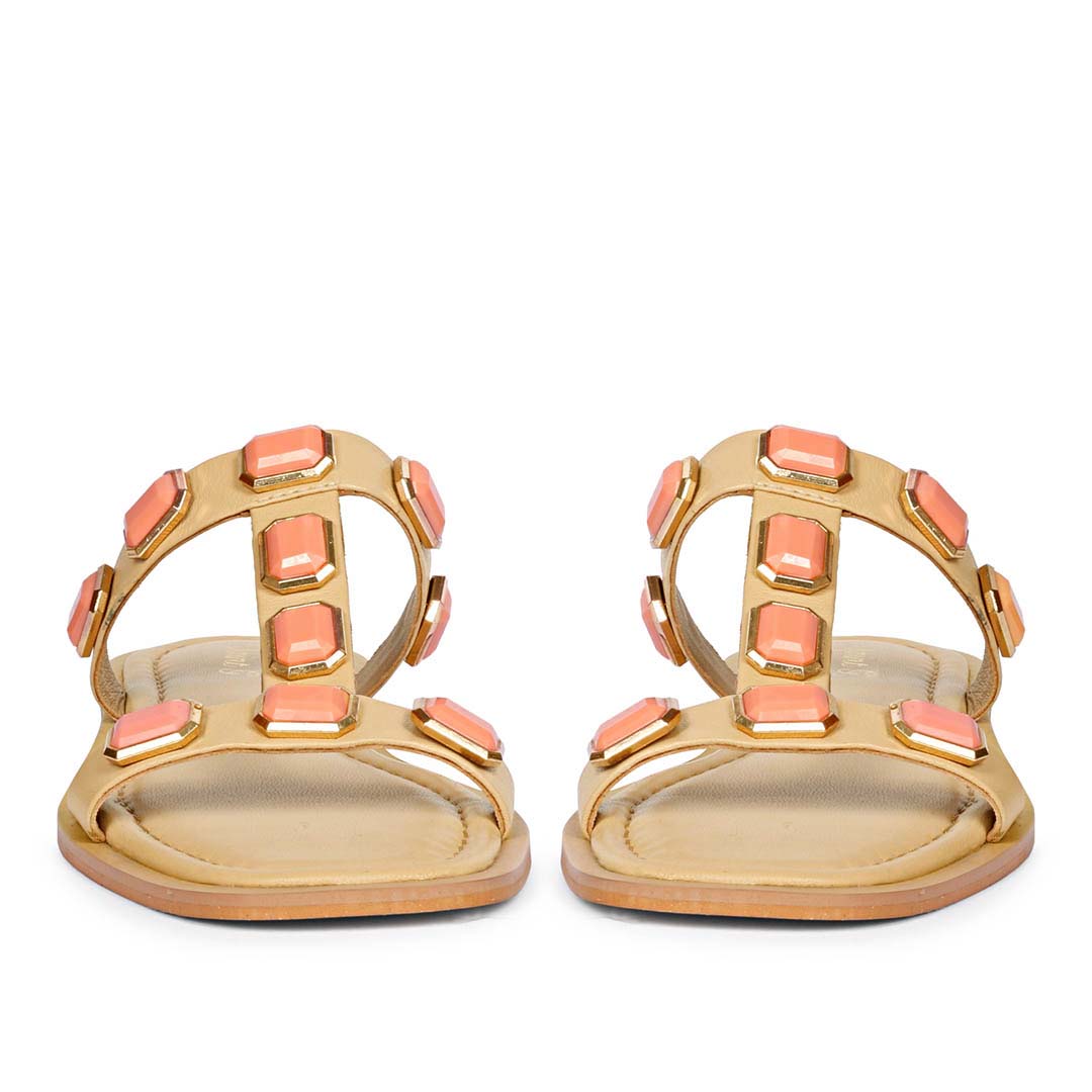 Saint Celeste Pink Stones Embellished Natural Leather Flats